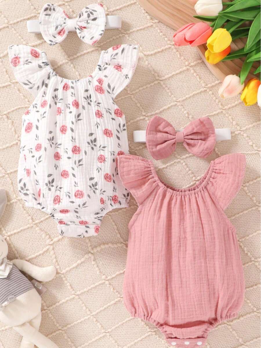 4件組女嬰休閒時尚可愛優雅軟舒適花卉圖案荷葉邊棉質連身衣與蝴蝶結裝飾髮帶，新生女嬰服飾，嬰兒用品，適合日常穿著、度假、派對、戶外活動與拍照