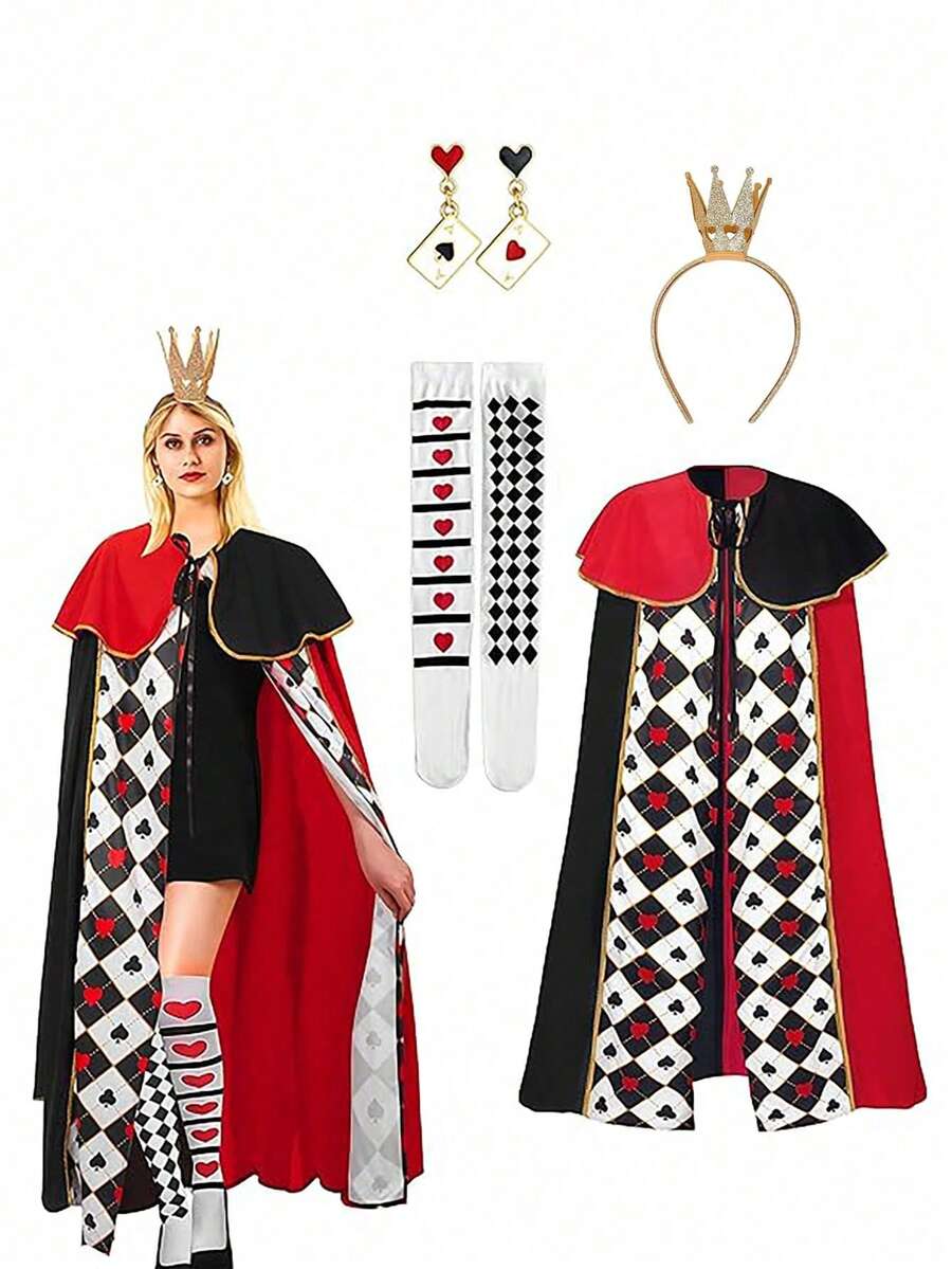 三件套女王服装套装 - 心形印花披肩、皇冠头饰、心形耳环和过膝长袜,超大披肩,色彩鲜艳,适合童话剧、圣诞节、新年派对和其他主题派对,适合女孩和女性。 - 彩色 - 查看 1