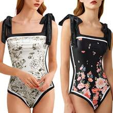 ¡RecomendadoWEIMEY Trajes de Baño Mujer Completo Bañadores Sexy con Control de Barriga Reversibles con Corbata Hombro Estampado Vintage para Playa Surf Nadar¡Top de Temporada - Flor negra - Ver 10