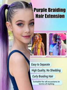 1 peça/2 peças Extensão de Peruca Trançada Colorida Roxa de 26 Polegadas para Crianças no Halloween, Acessórios de Cabelo Sintético Longo e Liso com Rabo de Cavalo Volumoso - Multicolorido - Visão 8