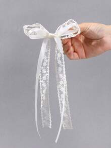 2 st vita spetshårspännen med rosett för kvinnor och flickor, långa satinband med rosett, franska vintage-estetiska håraccessoarer, för Ramadan-älvbrud-bröllopshårrosetter alla hjärtans dag (vit rosett) - Vitt - Visa 3