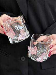 1 件粉色 3D 不对称蝴蝶玻璃杯，ins 风格果汁饮料玻璃杯，高品质玻璃水杯，甜品杯，适用于甜品店、客厅、餐厅、礼物、聚会、派对 - 粉色 - 查看 11