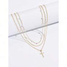 2pcs Women's Faux Pearl & Cross Pendant Necklace Set - Layered Y2K Aesthetic Jewelry, Adjustable Chain Choker,  Religious Charm Accessory For Daily Wear & Party (Random Pearl Quantity) - 金黃色 - 查看 2