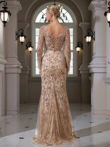 V领亮片刺绣长袖优雅性感鱼尾晚礼服 - 杏色 - 查看 4