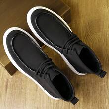 Men's Soft Solid Color Upper High Top Casual Shoes, Urban Street Style Lace Up Shoes, Preferred For Daily Wear - 黑色 - 查看 3