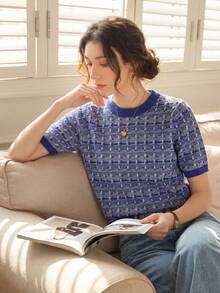 Knit Mix 优雅女士时尚印花针织圆领短袖T恤，宽松基础款上衣，夏季百搭，随机图案，适合春秋季返校季、秋冬季穿着，也适合圣诞节、感恩节和新年休闲场合。 - 藍色 - 查看 10