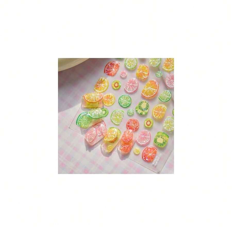 Summer 5D Embossed Nail Stickers Se--Adhesive Nail Decals Fruit Nail Art Stickers Lemon Kiwifruit Design Fruit Summer Artificial Nail Supplies For Women DIY Manicure Decorations - 風格14 - 查看 1