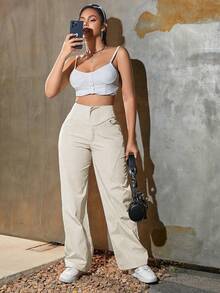 Pantalones cargo de cintura alta con detalles de botones de unicolor, estilo Y2K para festivales de música, primavera - Beis - Ver 4