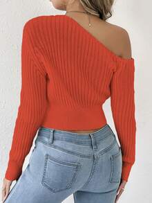 Sweater Rajut Kasual Seksi Wanita Model Bahu Terbuka, Musim Semi/Musim Gugur/Musim Dingin - Jeruk - View 8