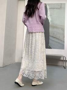 2023 Spring French Romantic Lace Jacquard Embroidered High Waist A-Line Long Skirt, Elegant And Slimming - Apricot - View 6