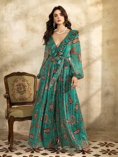 Faeriesty Elegant Off-Shoulder Wide-Leg Jumpsuit, Featuring All-Over Floral Print, Deep V-Back Design, Ruffle Trim Details, Flared Sleeves, And Wide-Leg Silhouette, Suitable For Wedding Guest, Bridal Photoshoot, Formal Dinner, Romantic Anniversary Dinner, And Garden Party Celebration