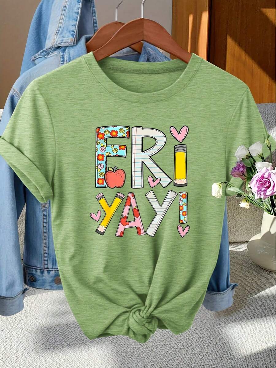 Women's Vintage 'FRI YAY!' Graphic T-Shirt - Teacher's Clothing, Casual Daily Top With Icon - Lightweight Stretchy Weekend Wear - Machine Washable Vintage Style, Fun Printed Shirt For Spring And Summer, Non-See-Through Material - 草綠色 - 查看 1