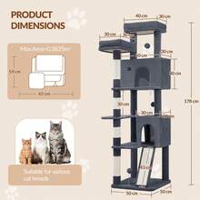 Katzenbaum Groß, 178 cm Kratzbaum, Kratzbaum Große Katzen Stabil mit Sisal-Kratzstämmen, Kratzbrett, 2 Bequemen Katzenhäuschen, 2 Sitzstangen, Pompons, Ruheplatz - Dunkelgrau - Übersicht 9