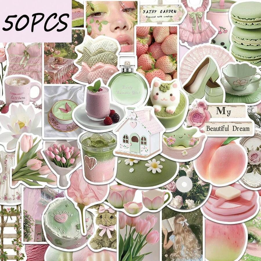 50pcs Early Summer Dream Pastel Ins Style Stickers, Suitable For Decorating Tablet Cases, Notebooks, Cups, Waterproof Stickers - Multicolor - View 1