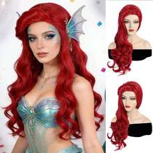 时尚女士耐热合成长款蓬松波浪红色动漫角色扮演假发，带卷曲刘海，适合节日派对美人鱼装扮、动漫展、电影展览、节日装饰、COS摄影道具、学校舞台表演配饰，适合初学者，外观自然。 - 彩色 - 查看 1
