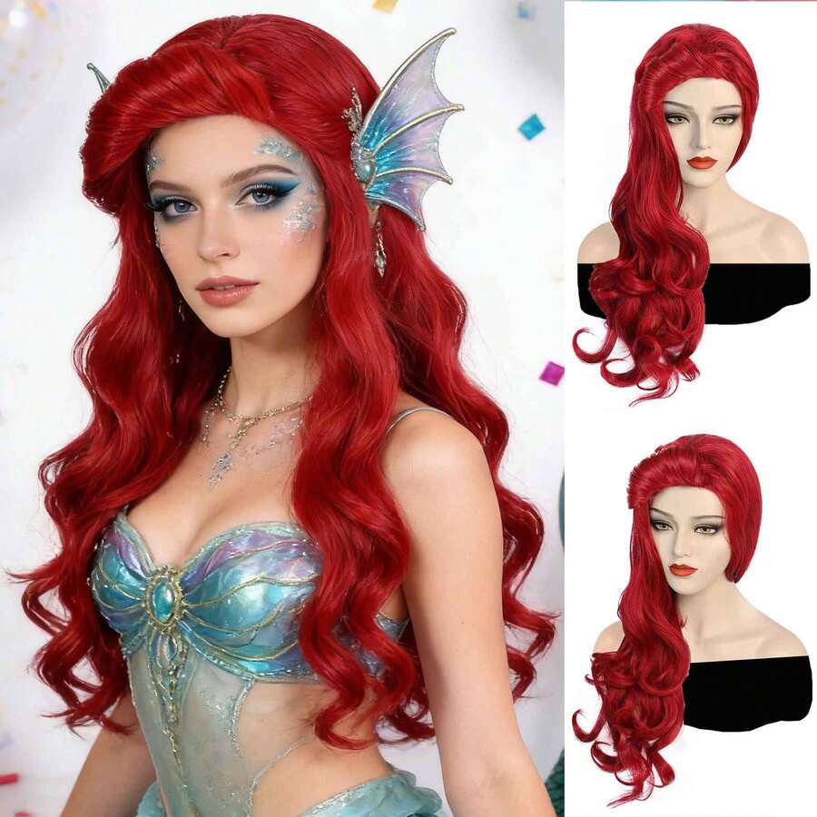 时尚女士耐热合成长款蓬松波浪红色动漫角色扮演假发，带卷曲刘海，适合节日派对美人鱼装扮、动漫展、电影展览、节日装饰、COS摄影道具、学校舞台表演配饰，适合初学者，外观自然。 - 彩色 - 查看 1