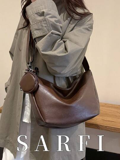 新款秋冬女士单肩包，带零钱包，时尚现代风格，可调节肩带斜挎包，休闲简约纯色咖啡色单肩包，适合大学生日常购物和旅行，大容量轻便通勤包，拉链封口。