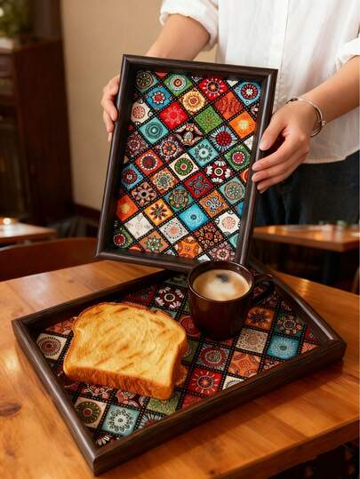 1个木质托盘，时尚餐盘，厨房托盘，装饰托盘，适用于盛放水果、干果、面包、蛋糕、甜点、咖啡杯、茶杯、零食、饮料、珠宝等，适合家庭、厨房、咖啡馆、餐厅、小吃店、聚会、野餐、户外、露营、派对、节日、婚礼、圣诞节等场合，亦可作为礼物。