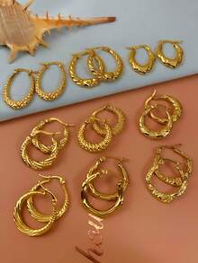 18pcs Women's Stainless Steel Earrings 18K Gold Plated Thick Small Hoop Earrings, Delicate Simple Open Hoop Earrings, Suitable For Women's Gifts - Gold - View 2