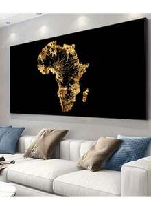 大型无框现代金色非洲地图帆布画，23.62 英寸 x 47.24 英寸 - 优雅的金黄色调墙面装饰，适用于客厅和卧室，现代无框海报 - 彩色 - 查看 1