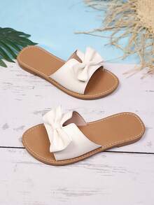 甜美蝴蝶结舒适露趾凉鞋，适合幼儿和大童，适合外出、度假、日常搭配连衣裙、宝宝玩水、海滩，简约平底凉鞋 - 米色 - 查看 7