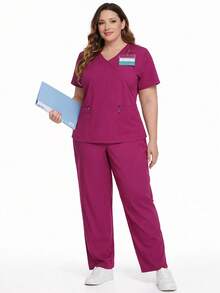 cimmuovere V-Neck Crossover Dual Pocket Short Sleeve Nurse Uniform Pants With Elastic Waist, Casual Commuting Outfit
