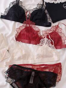 MOYISU-Sujetador trasero Sexy de encaje rojo, malla bordada francesa, sin anillo de acero, copa triangular, pecho grande, conjunto de ropa interior pequeña - sujetador negro - Ver 1