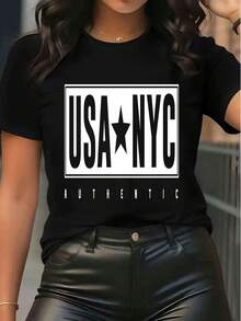 Damska koszulka z krótkim rękawem USA NYC z nadrukiem graficznym, luźny krój, luźny krój, luźna koszulka na co dzień, modna na lato - Czarne - Zobacz 1