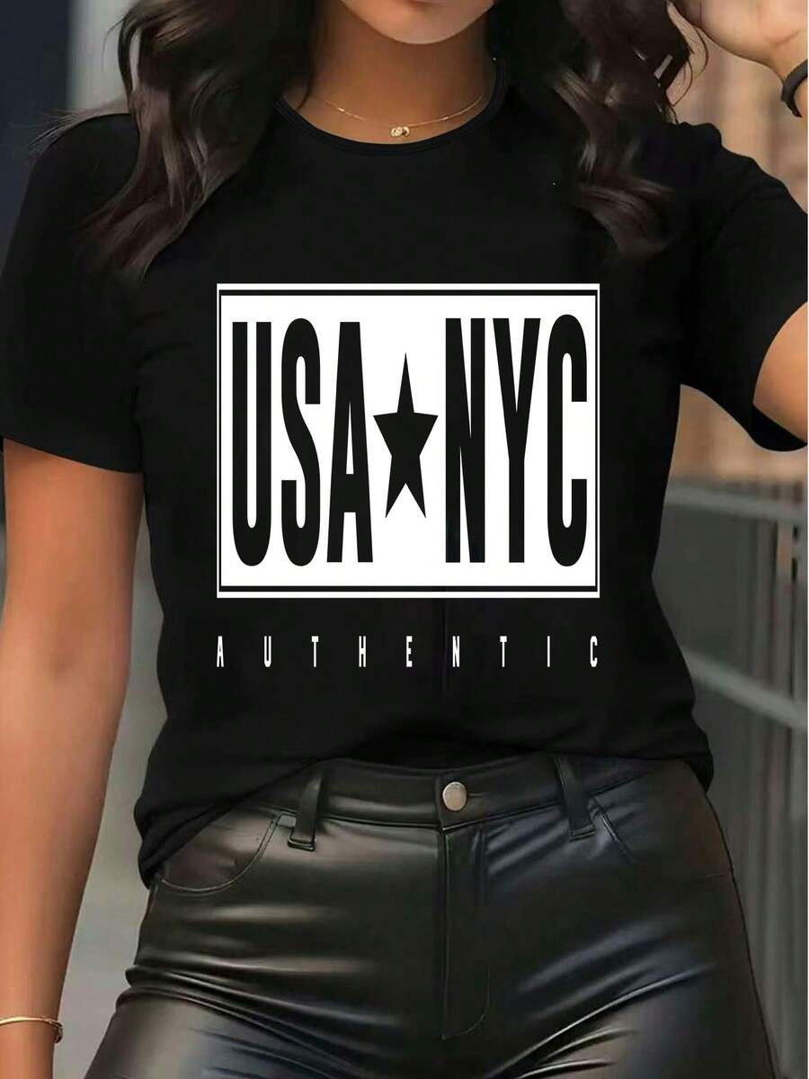 Damska koszulka z krótkim rękawem USA NYC z nadrukiem graficznym, luźny krój, luźny krój, luźna koszulka na co dzień, modna na lato - Czarne - Zobacz 1