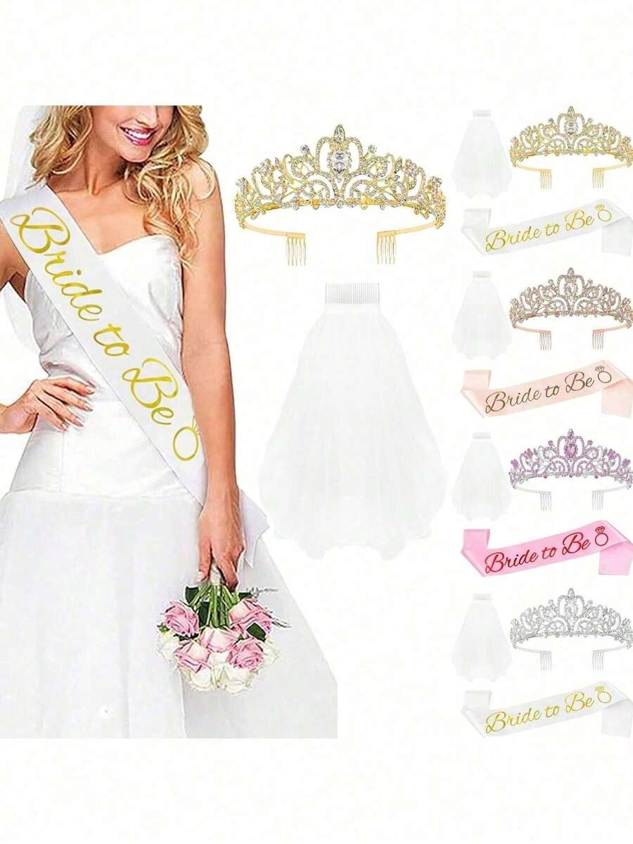 3 pièces Décorations pour enterrement de vie de jeune fille, couronne de douche de mariée, écharpe "Mariée" et voile pour femmes, cadeaux pour enterrement de vie de jeune fille, fournitures pour enterrement de vie de jeune fille, cadeaux, faveurs - Multicolore - Voir 1