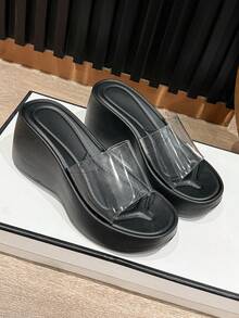 女士厚底坡跟凉鞋，高跟拖鞋，不累脚，时尚百搭软底仙女风透明露趾凉鞋 - 黑色 - 查看 5