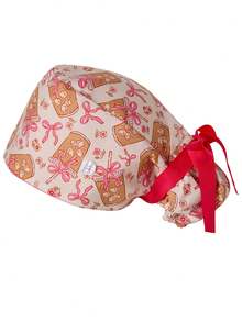 女士手术帽 女士马尾辫手术帽，带纽扣和丝带系带，可调节护士帽，情人节礼物