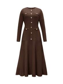 فستان أنيق للنساء بياقة مستديرة وأكمام قصيرة، مزين بأزرار وجيوب وقماش أنيق، مناسب للمواعيد والأعياد والحفلات والخروجات والعطلات والسفر وعيد الحب - بني - مشاهدة 3