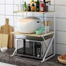 2-Tier Microwave Oven Shelf Stand, Kitchen Countertop Storage Rack Spices Rack Freestanding, Home Office Printer Stand Multifunctional Unit Shelving Wood Top Metal Frame - 3-tier Oak - View 5