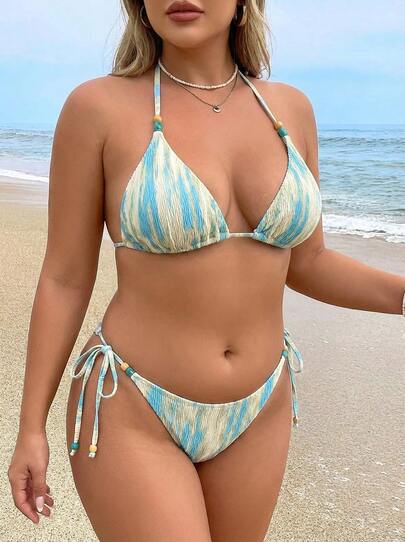 Sultry Sol 2 件加大码女式扎染撞色优雅波西米亚比基尼套装，适合海滩、夜间约会、度假、夏季