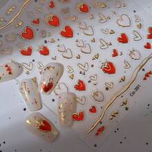 Gold Heart Nail Stickers For Nail Art 5D Embossed Nail Decals Se--Adhesive Nail Art Stickers With Multiple Shapes Gold Red Heart Design Artificial Nail Supplies For Women Manicure Decorations - 風格15 - 查看 2