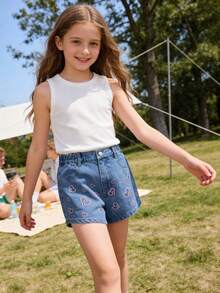 1 chiếc quần short denim màu xanh nhạt thời trang, giản dị, tối giản dành cho bé gái, kiểu dáng mới, thêu hình trái tim 3D dễ thương. - Rửa trung bình - Xem 3
