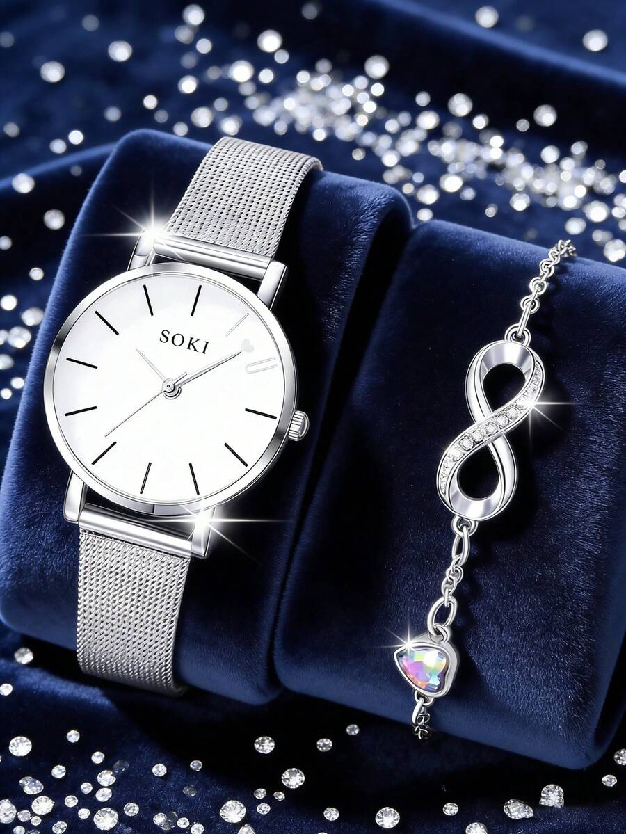 SOKI SOKI 一套女士手表，网状表带，时尚休闲，圆形表盘，石英机芯，搭配心形装饰链手链，适合日常佩戴、生日礼物、派对、节日聚会，是送给自己或朋友的理想礼物。不含包装。 - 銀色 - 查看 1