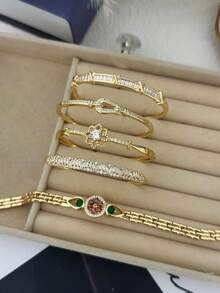 14K Gold Plated Rhinestone Embellished Minimalist Luxurious Bracelet & Bangle Set - Gold - View 9