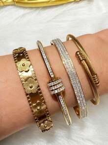 Znice 18K镀金不锈钢女士时尚手链，可叠戴单圈手链，3D五叶花手链，四叶花钉手链，四叶花高品质水晶手链，防水防褪色，适合日常佩戴、派对聚会等场合，是馈赠亲友、情人节、圣诞节的理想之选。 - 金色6 - 查看 3