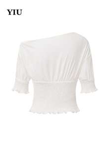 YIU Women's White Off-Shoulder Ruched Short Blouse, Half Puff Sleeve Knit Fabric Regular Length Shirt, Summer Fashion - White - View 4