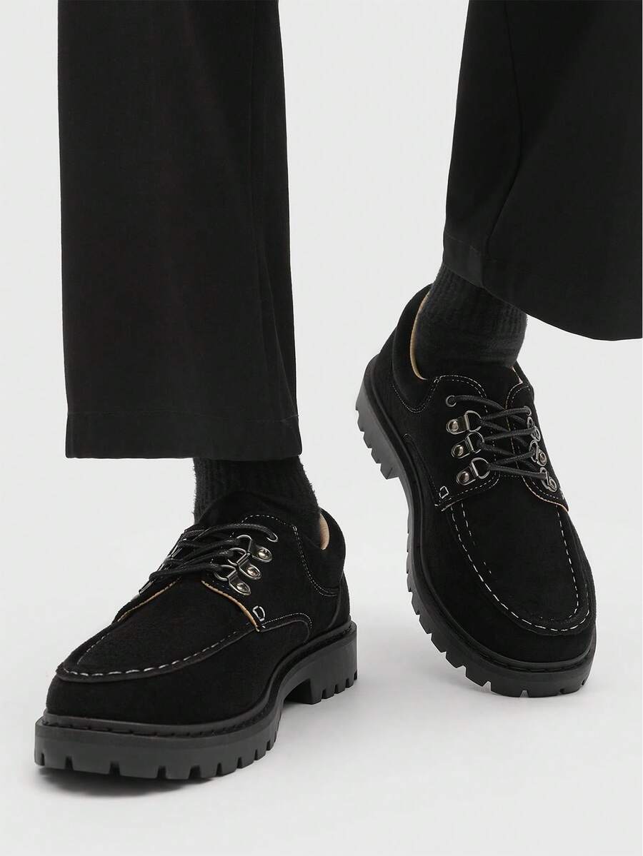 New Men's Suede Low-Top Wear-Resistant Leather Shoes, Anti-Slip Thick Sole Elevator Shoes - Black - View 1