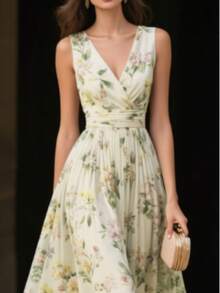 优雅无袖碎花雪纺连衣裙 - 浪漫V领收腰喇叭裙摆，春夏度假风 - 淡綠 - 查看 3