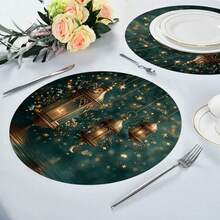 2/4/6/8pcs Round, Flower, Rectangular Ramadan Linen Placemats, 3pcs Copper-Tone Lantern, Star, Water Pattern Tabletop Decor, Arabic Festival Dining Table Decor, Tablecloth, Placemats, Coasters For Home Party, Kitchen - Multicolor - View 6