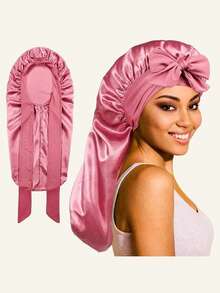 Silk Sleep Bonnets For Women, 1PC Satin Night Cap Soft Elastic Band Silk Bonnets For Sleeping Silk Bonnet Satin Bonnet - Pink - View 2