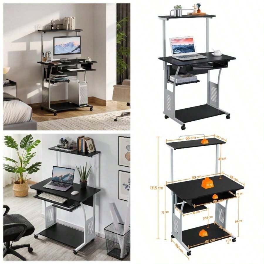 3 Tier Computer Desk With Printer Shelf And Keyboard Tray, Home Office Desk Computer Workstation Rolling Study Desk PC Laptop Table Small Spaces Black - Black - View 1
