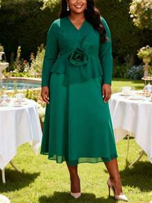 Đầm lưới dáng chữ A tay dài bất đối xứng cổ chữ V xếp nếp in hoa dành cho nữ cỡ lớn, thích hợp cho tiệc tùng, đám cưới, Giáng sinh và các dịp khác, thanh lịch mùa xuân. - màu xanh lá - Xem 3