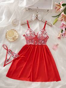 Women's Solid Color Mesh Contrast Lace Sheer Sexy Camisole Nightgown