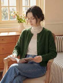 Knit Mix Áo khoác cardigan dệt kim dáng rộng kiểu Pháp thanh lịch, dành cho nữ, cổ tròn, tay dài, màu trơn, thích hợp mặc ngoài dịp Giáng sinh, Lễ Tạ ơn, Năm mới, Thu/Đông. - Màu xanh lá cây đậm - Xem 9