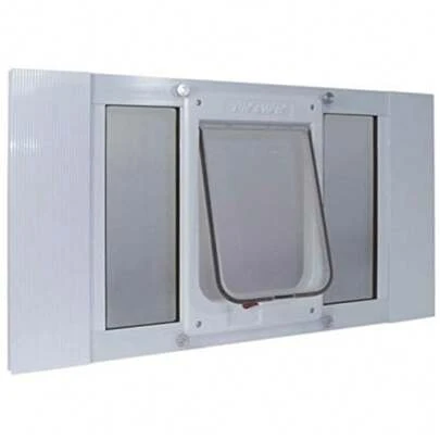 CYPNIdeal Pet Products - Puerta de Aluminio para Mascotas Ajustable para Adaptarse a Anchos de Ventana de 33 a 38 Pulgadas Chubby Kat 7-1/2 x 10-1/2 Pulgadas Solapa SiFashion
